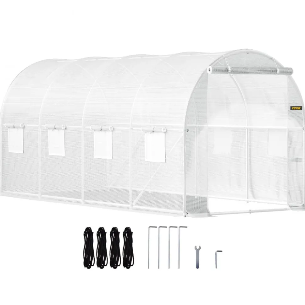 VEVOR 15 x 6.5 x 7 ft Walk-in Tunnel Greenhouse, Portable Plant Hot House with Galvanized Steel Hoops, 1 Top Beam, Diagonal Poles, Zippered Door & 8 Roll-up Windows, White