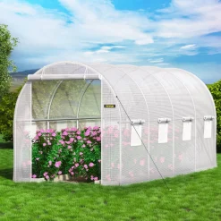 VEVOR 15 x 6.5 x 7 ft Walk-in Tunnel Greenhouse, Portable Plant Hot House with Galvanized Steel Hoops, 1 Top Beam, Diagonal Poles, Zippered Door & 8 Roll-up Windows, White