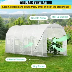 VEVOR 15 x 6.5 x 7 ft Walk-in Tunnel Greenhouse, Portable Plant Hot House with Galvanized Steel Hoops, 1 Top Beam, Diagonal Poles, Zippered Door & 8 Roll-up Windows, White