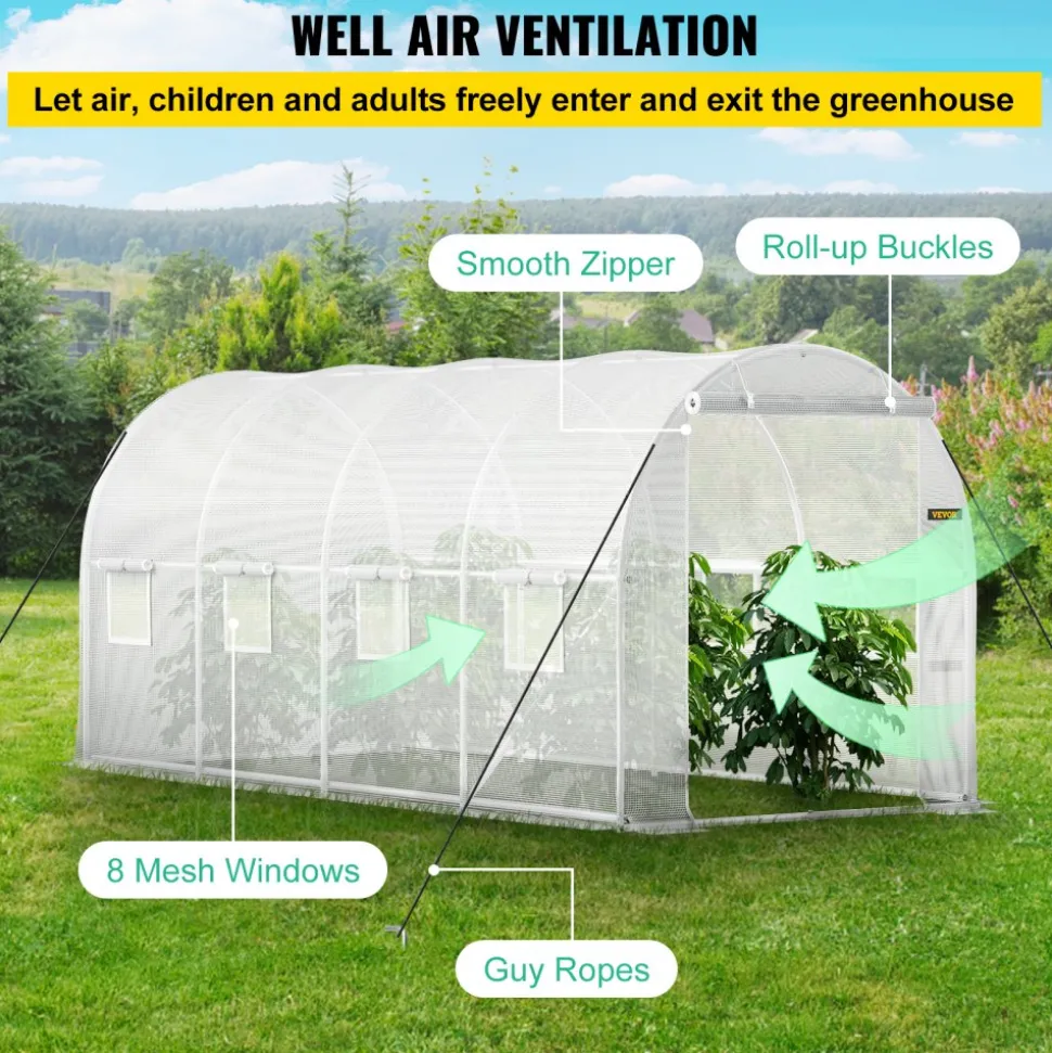 VEVOR 15 x 6.5 x 7 ft Walk-in Tunnel Greenhouse, Portable Plant Hot House with Galvanized Steel Hoops, 1 Top Beam, Diagonal Poles, Zippered Door & 8 Roll-up Windows, White
