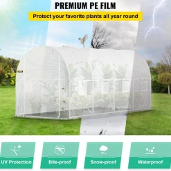 VEVOR 15 x 6.5 x 7 ft Walk-in Tunnel Greenhouse, Portable Plant Hot House with Galvanized Steel Hoops, 1 Top Beam, Diagonal Poles, Zippered Door & 8 Roll-up Windows, White