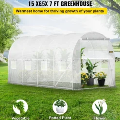 VEVOR 15 x 6.5 x 7 ft Walk-in Tunnel Greenhouse, Portable Plant Hot House with Galvanized Steel Hoops, 1 Top Beam, Diagonal Poles, Zippered Door & 8 Roll-up Windows, White