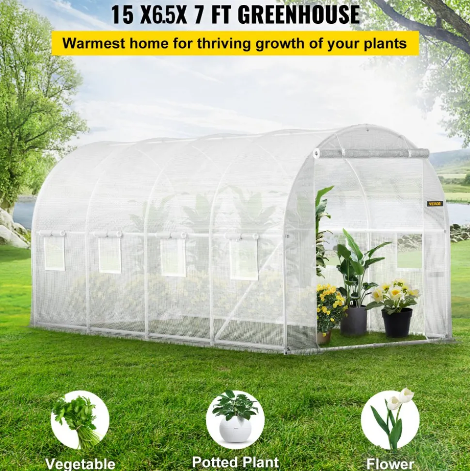 VEVOR 15 x 6.5 x 7 ft Walk-in Tunnel Greenhouse, Portable Plant Hot House with Galvanized Steel Hoops, 1 Top Beam, Diagonal Poles, Zippered Door & 8 Roll-up Windows, White