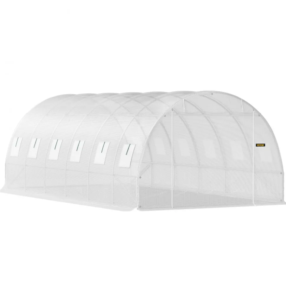 VEVOR 20 x 10 x 7 ft Walk-in Tunnel Greenhouse, Portable Plant Hot House with Galvanized Steel Hoops, 3 Top Beams, Diagonal Poles, 2 Zippered Doors & 12 Roll-up Windows, White