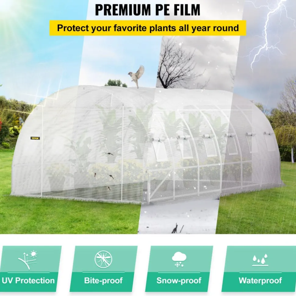 VEVOR 20 x 10 x 7 ft Walk-in Tunnel Greenhouse, Portable Plant Hot House with Galvanized Steel Hoops, 3 Top Beams, Diagonal Poles, 2 Zippered Doors & 12 Roll-up Windows, White