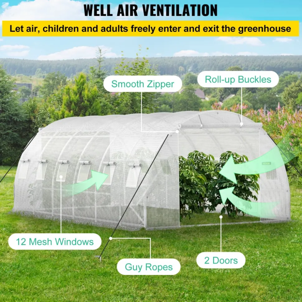 VEVOR 20 x 10 x 7 ft Walk-in Tunnel Greenhouse, Portable Plant Hot House with Galvanized Steel Hoops, 3 Top Beams, Diagonal Poles, 2 Zippered Doors & 12 Roll-up Windows, White
