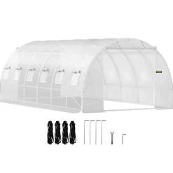 VEVOR 20 x 10 x 7 ft Walk-in Tunnel Greenhouse, Portable Plant Hot House with Galvanized Steel Hoops, 3 Top Beams, Diagonal Poles, 2 Zippered Doors & 12 Roll-up Windows, White