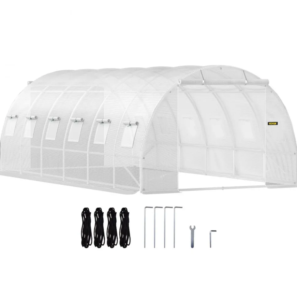 VEVOR 20 x 10 x 7 ft Walk-in Tunnel Greenhouse, Portable Plant Hot House with Galvanized Steel Hoops, 3 Top Beams, Diagonal Poles, 2 Zippered Doors & 12 Roll-up Windows, White