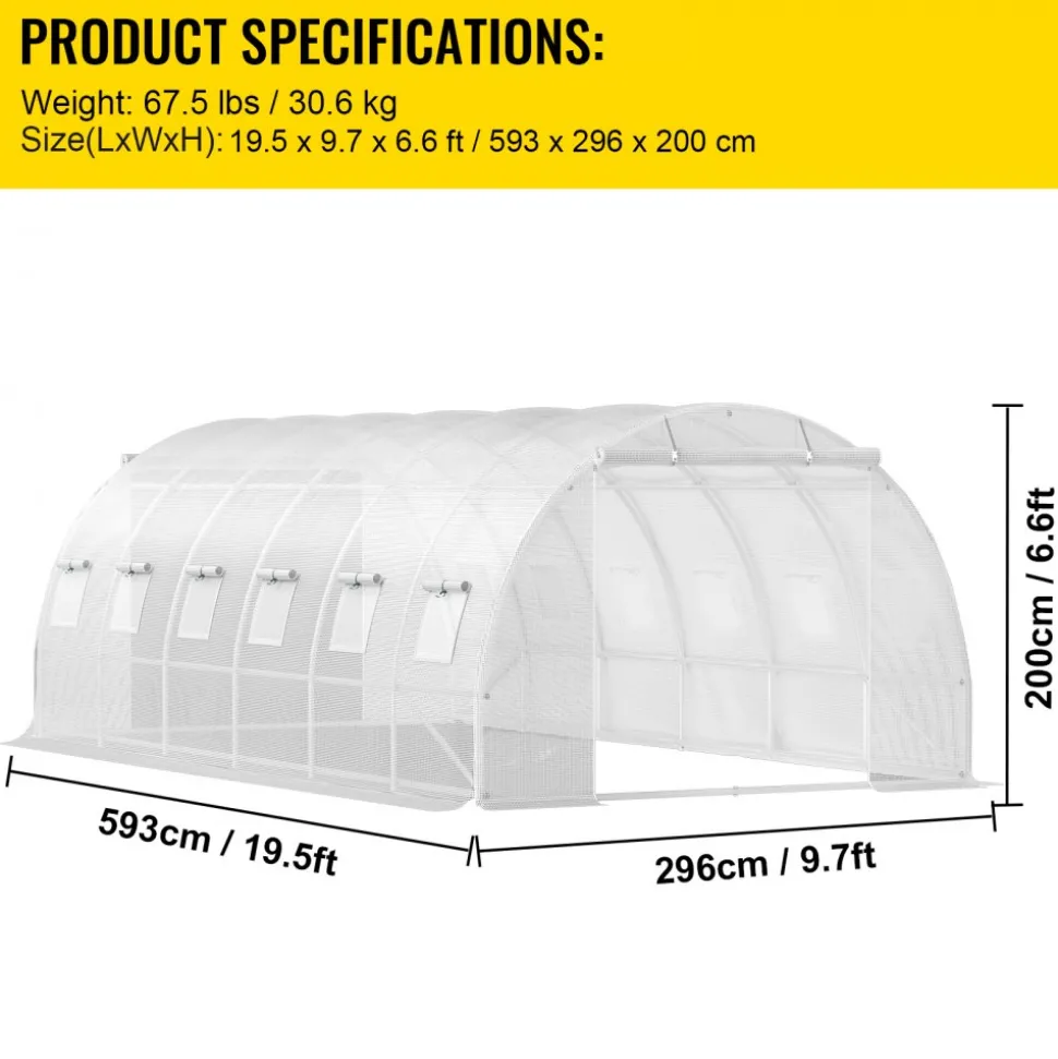 VEVOR 20 x 10 x 7 ft Walk-in Tunnel Greenhouse, Portable Plant Hot House with Galvanized Steel Hoops, 3 Top Beams, Diagonal Poles, 2 Zippered Doors & 12 Roll-up Windows, White