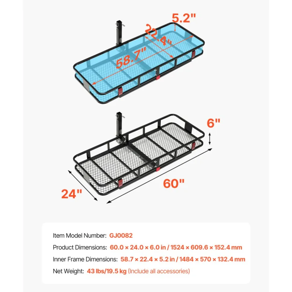 VEVOR 60" x 24" x 6", Hitch Cargo Carrier, 500 lbs Capacity Hitch Cargo Carrier with Nighttime Reflective Reminder, Folding Hitch Mount Cargo Carrier with Hitch Stabilizer, Fit for SUVs