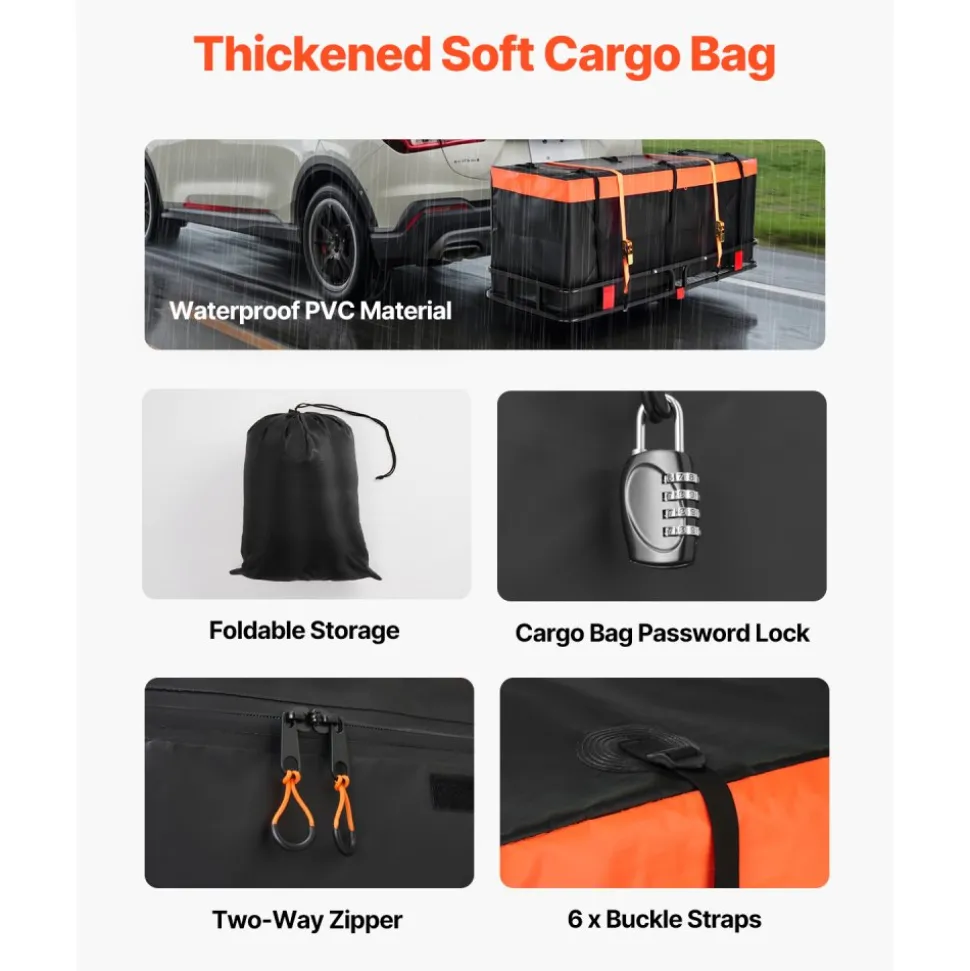 VEVOR 60" x 24" x 6", Hitch Cargo Carrier, 500 lbs Capacity Hitch Cargo Carrier with Cargo Net with Hook & Waterproof Cargo Bag, Folding Hitch Mount Cargo Carrier with Ratchet Straps, Fit for SUVs