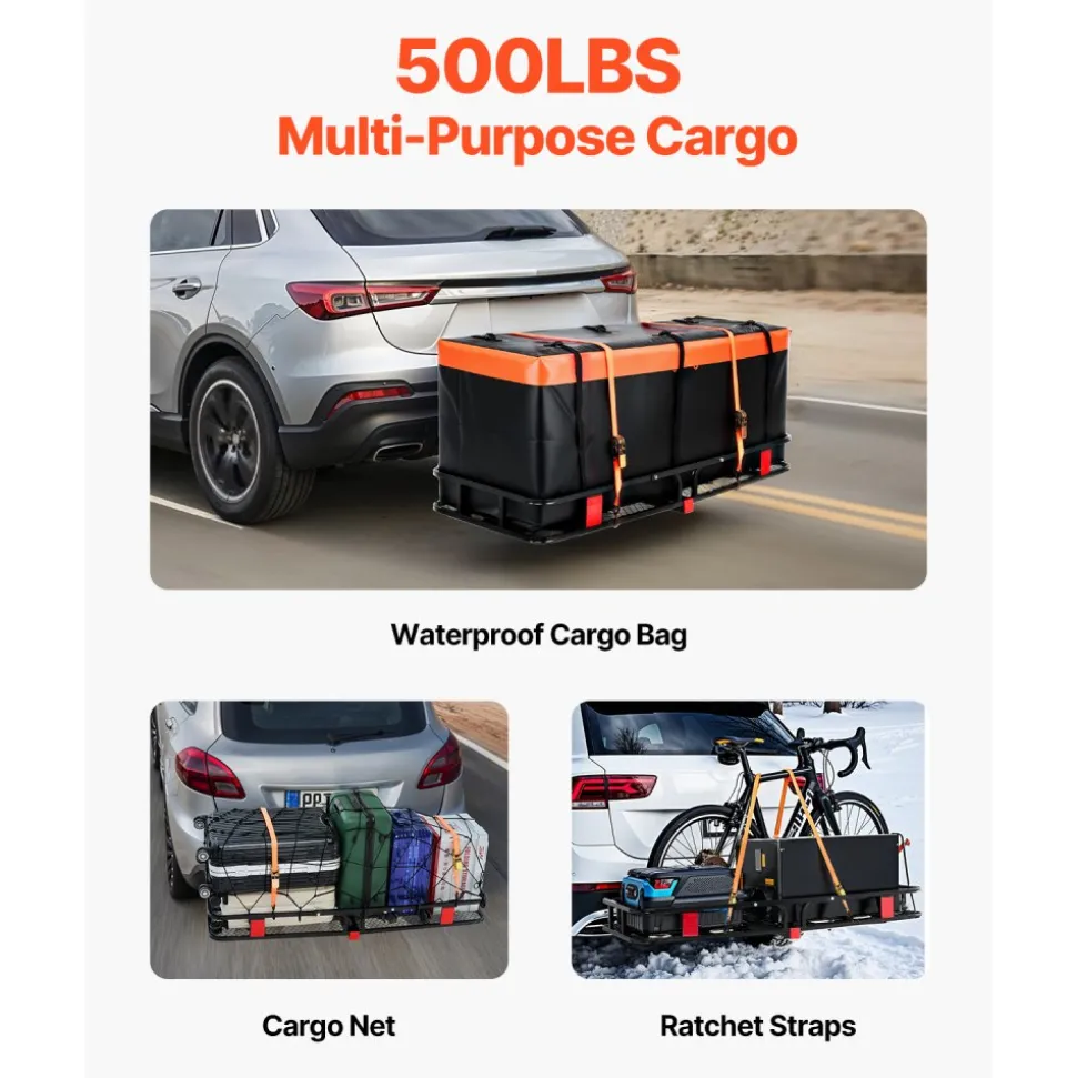 VEVOR 60" x 24" x 6", Hitch Cargo Carrier, 500 lbs Capacity Hitch Cargo Carrier with Cargo Net with Hook & Waterproof Cargo Bag, Folding Hitch Mount Cargo Carrier with Ratchet Straps, Fit for SUVs