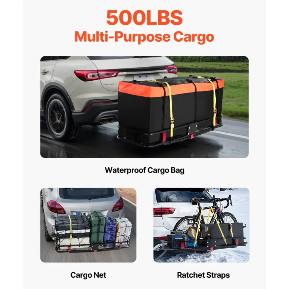 VEVOR 60" x 20" x 6", Hitch Cargo Carrier, 500 lbs Capacity Hitch Cargo Carrier with Cargo Net & Waterproof Cargo Bag, Folding Hitch Mount Cargo Carrier with Hitch Lock for 2" Receiver, Fit for SUVs