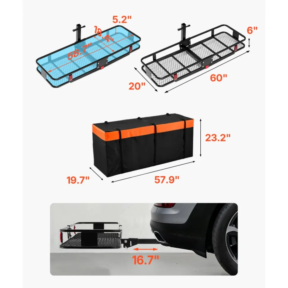 VEVOR 60" x 20" x 6", Hitch Cargo Carrier, 500 lbs Capacity Hitch Cargo Carrier with Cargo Net & Waterproof Cargo Bag, Folding Hitch Mount Cargo Carrier with Hitch Lock for 2" Receiver, Fit for SUVs