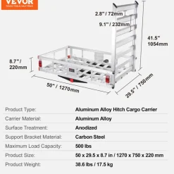 VEVOR 50 x 29.5 x 8.7 inch Hitch Cargo Carrier, 500lbs Capacity Trailer Hitch Mounted Cargo Basket, Aluminum Luggage Carrier Rack with Folding Ramp, Fits 2