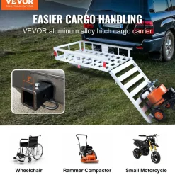 VEVOR 50 x 29.5 x 8.7 inch Hitch Cargo Carrier, 500lbs Capacity Trailer Hitch Mounted Cargo Basket, Aluminum Luggage Carrier Rack with Folding Ramp, Fits 2