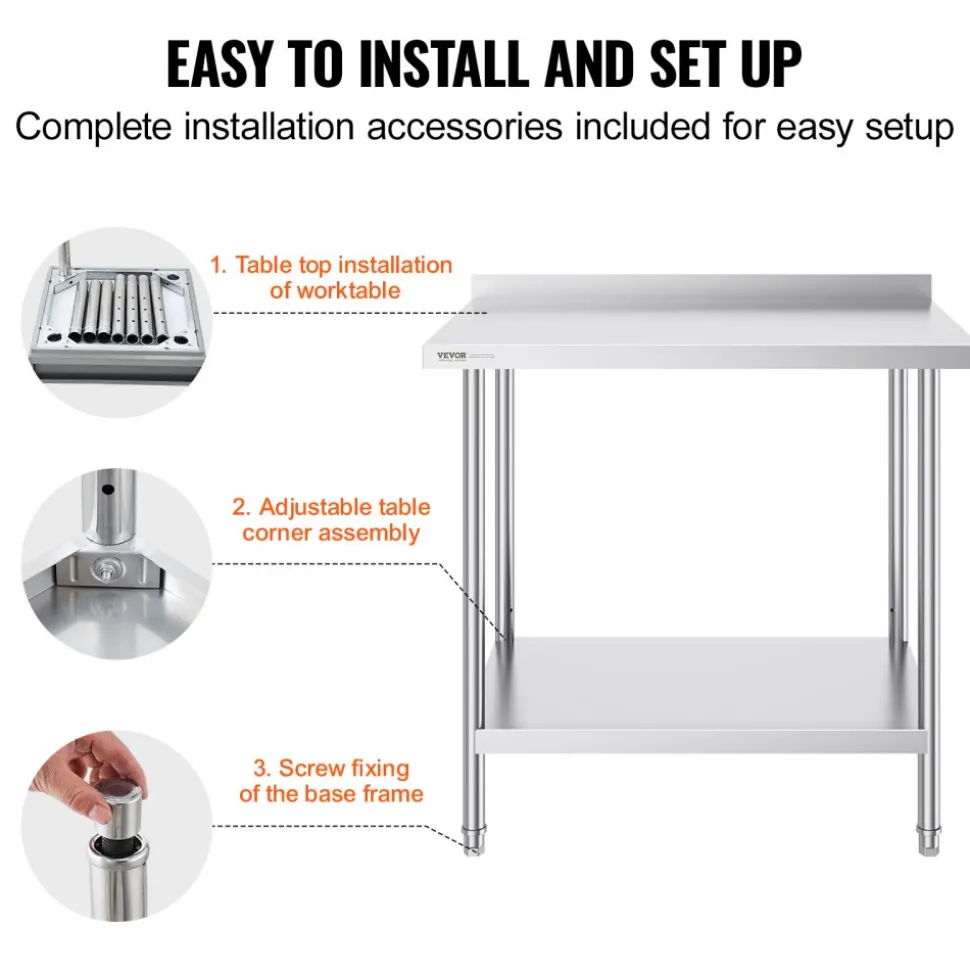 VEVOR 24 x 36 x 36 Inch Stainless Steel Work Table, Commercial Food Prep Worktable Heavy Duty Prep Worktable, Metal Work Table with Adjustable Height for Restaurant, Home and Hotel