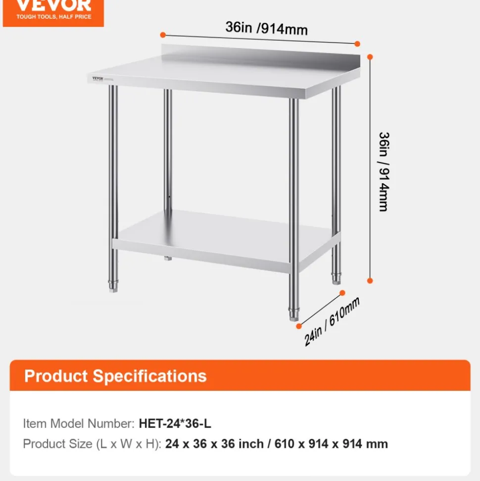 VEVOR 24 x 36 x 36 Inch Stainless Steel Work Table, Commercial Food Prep Worktable Heavy Duty Prep Worktable, Metal Work Table with Adjustable Height for Restaurant, Home and Hotel