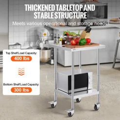 VEVOR 24 x 24 x 40 Inch Stainless Steel Work Table, Commercial Food Prep Worktable with Casters, Heavy Duty Prep Worktable, Metal Work Table with Adjustable Height for Restaurant, Home and Hotel