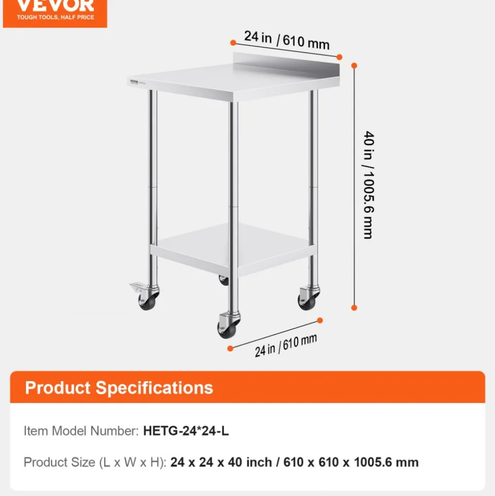 VEVOR 24 x 24 x 40 Inch Stainless Steel Work Table, Commercial Food Prep Worktable with Casters, Heavy Duty Prep Worktable, Metal Work Table with Adjustable Height for Restaurant, Home and Hotel
