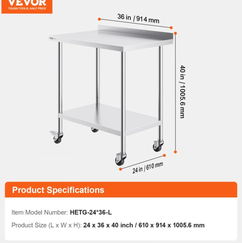 VEVOR 24 x 36 x 40 Inch Stainless Steel Work Table, Commercial Food Prep Worktable with Casters, Heavy Duty Prep Worktable, Metal Work Table with Adjustable Height for Restaurant, Home and Hotel
