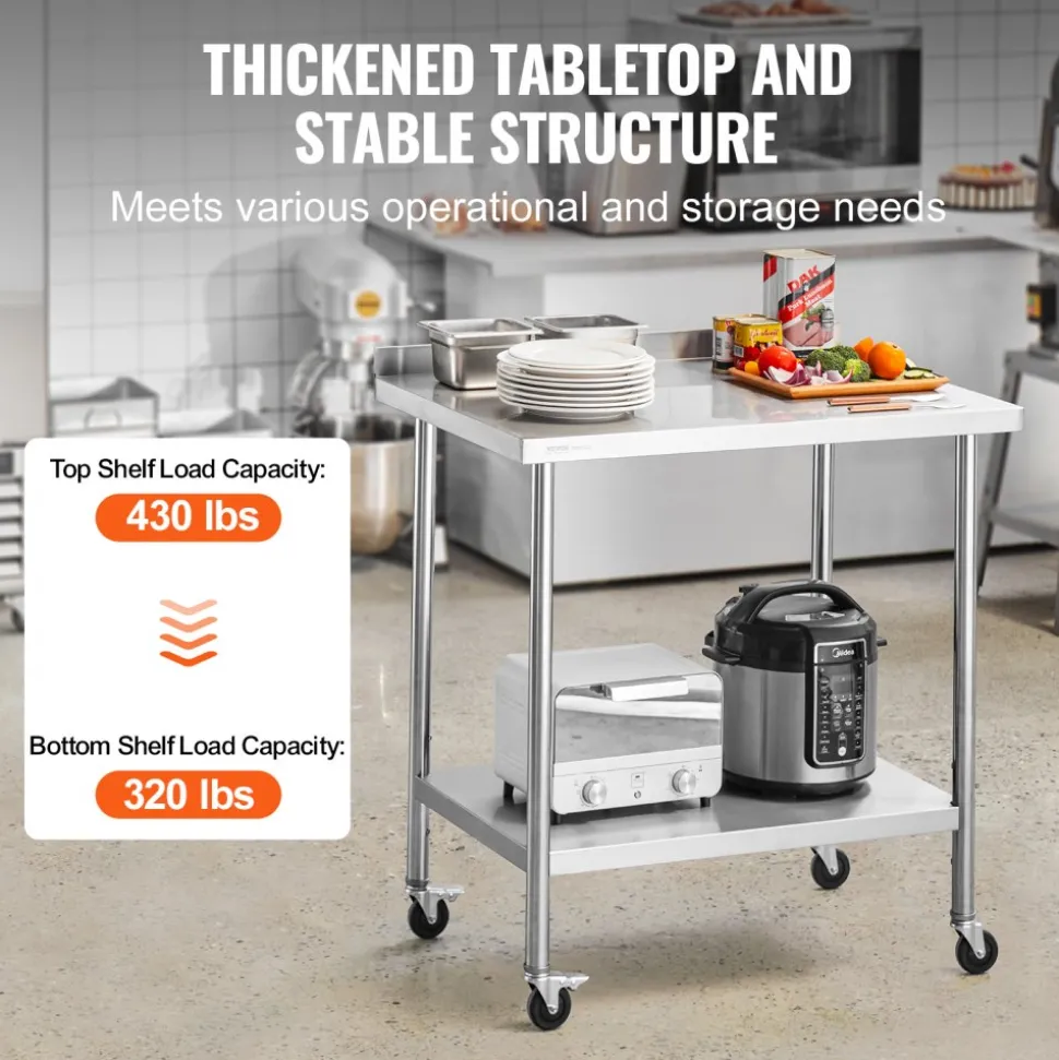 VEVOR 24 x 36 x 40 Inch Stainless Steel Work Table, Commercial Food Prep Worktable with Casters, Heavy Duty Prep Worktable, Metal Work Table with Adjustable Height for Restaurant, Home and Hotel