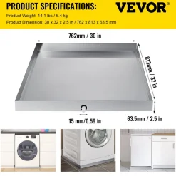 VEVOR 32 x 30 x 2.5 Inch Washing Machine Pan 18 GA Thickness 304 Stainless Steel Heavy Duty Compact Washer Drip Tray with Drain Hole & Hose Adapter