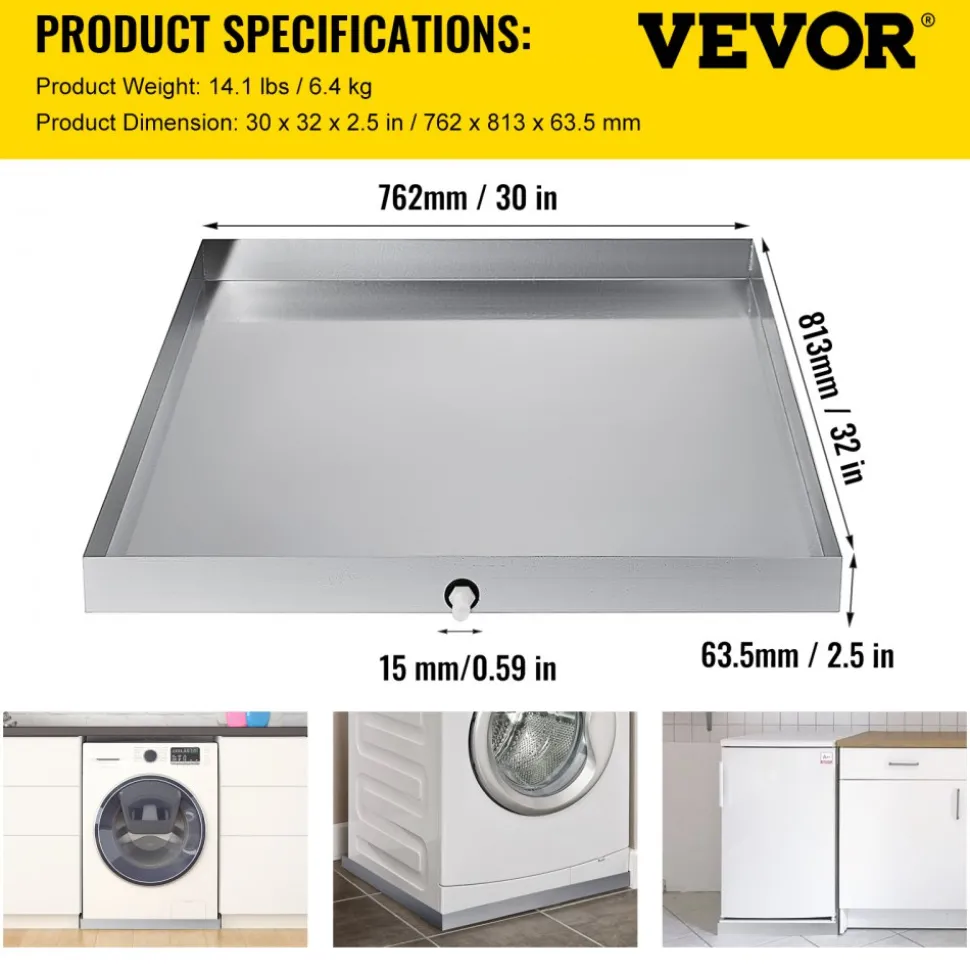 VEVOR 32 x 30 x 2.5 Inch Washing Machine Pan 18 GA Thickness 304 Stainless Steel Heavy Duty Compact Washer Drip Tray with Drain Hole & Hose Adapter