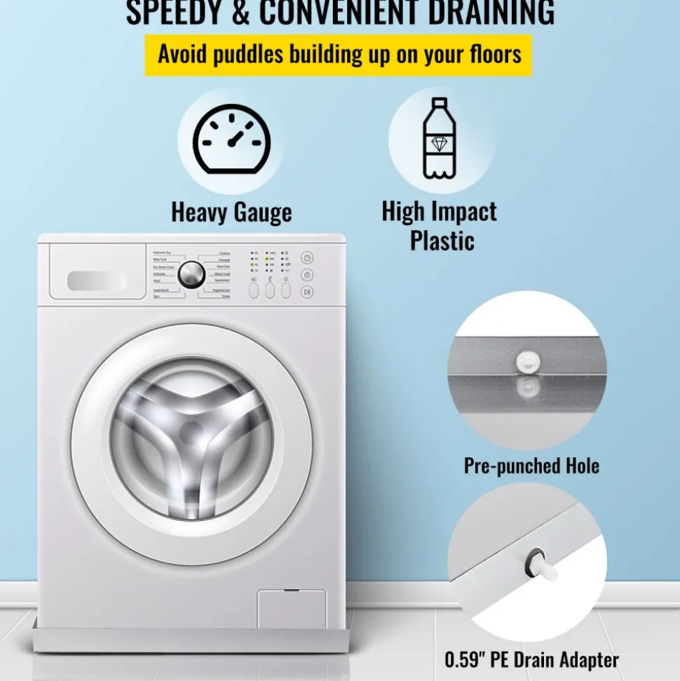 VEVOR 32 x 30 x 2.5 Inch Washing Machine Pan 18 GA Thickness 304 Stainless Steel Heavy Duty Compact Washer Drip Tray with Drain Hole & Hose Adapter