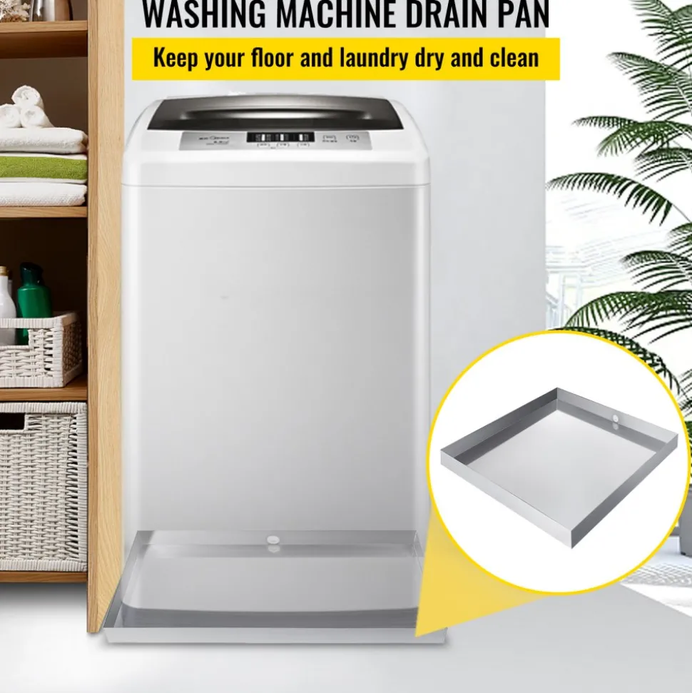 VEVOR 32 x 30 x 2.5 Inch Washing Machine Pan 18 GA Thickness 304 Stainless Steel Heavy Duty Compact Washer Drip Tray with Drain Hole & Hose Adapter