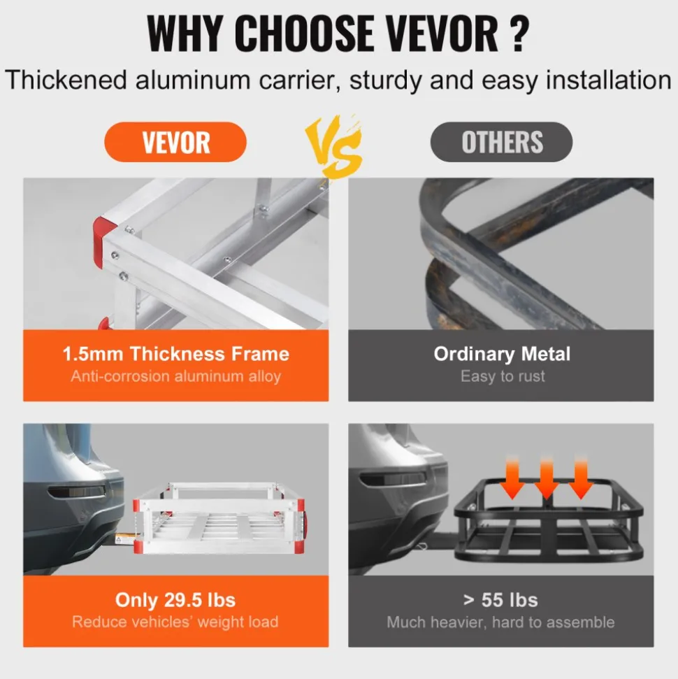 VEVOR 49.4 x 22.4 x 7.1 in Hitch Cargo Carrier, 500lbs Loading Capacity Trailer Hitch Mounted Cargo Basket, Rust-proof Aluminum Luggage Carrier Rack Fits 2" Hitch Receiver for SUV Truck Pickup Camping