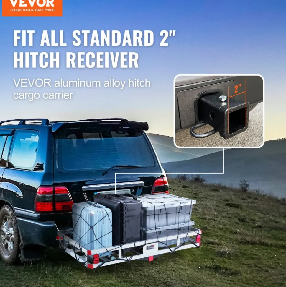 VEVOR 49.4 x 22.4 x 7.1 in Hitch Cargo Carrier, 500lbs Loading Capacity Trailer Hitch Mounted Cargo Basket, Rust-proof Aluminum Luggage Carrier Rack Fits 2" Hitch Receiver for SUV Truck Pickup Camping