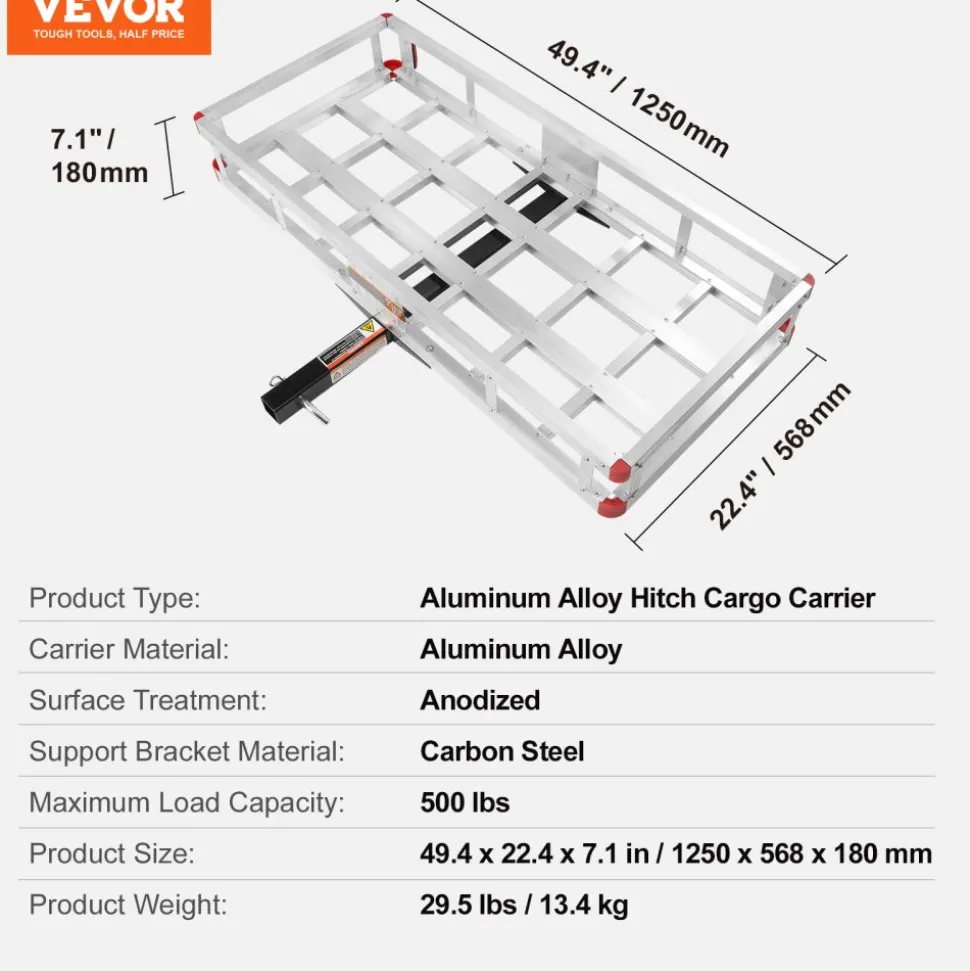 VEVOR 49.4 x 22.4 x 7.1 in Hitch Cargo Carrier, 500lbs Loading Capacity Trailer Hitch Mounted Cargo Basket, Rust-proof Aluminum Luggage Carrier Rack Fits 2" Hitch Receiver for SUV Truck Pickup Camping