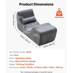 VEVOR Yoga Chair Chaise, Ergonomic Chaise Lounge Chair for Yoga, Modern Boneless Curved Foam Lounge Indoor for Massage, Stretching, Relaxation, Exercise, Used in Living Room, Bedroom, Balcony, Grey