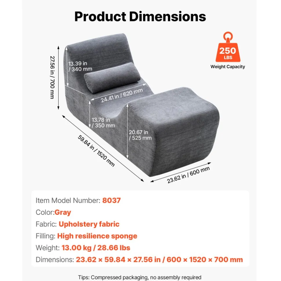 VEVOR Yoga Chair Chaise, Ergonomic Chaise Lounge Chair for Yoga, Modern Boneless Curved Foam Lounge Indoor for Massage, Stretching, Relaxation, Exercise, Used in Living Room, Bedroom, Balcony, Grey