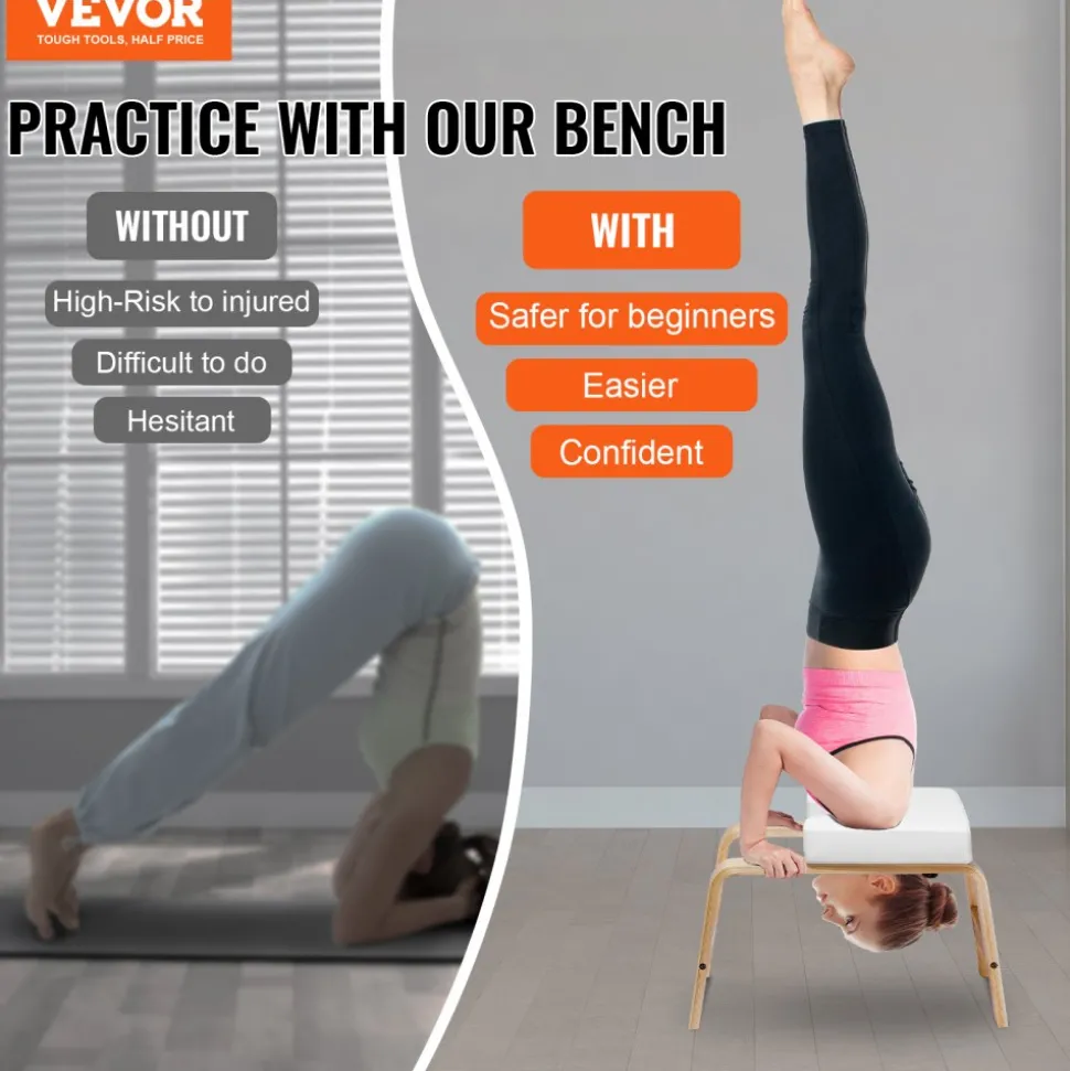 VEVOR Yoga Headstand Bench, 300 lbs Capacity Yoga Inversion Chair for Family Gym, Headstand Trainer with Wood Frame & PU Pad, Stand Yoga Stool for Strength Balance Training, Relieve Fatigue, Black