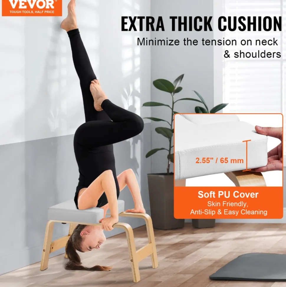 VEVOR Yoga Headstand Bench, 300 lbs Capacity Yoga Inversion Chair for Family Gym, Headstand Trainer with Wood Frame & PU Pad, Stand Yoga Stool for Strength Balance Training, Relieve Fatigue, Black