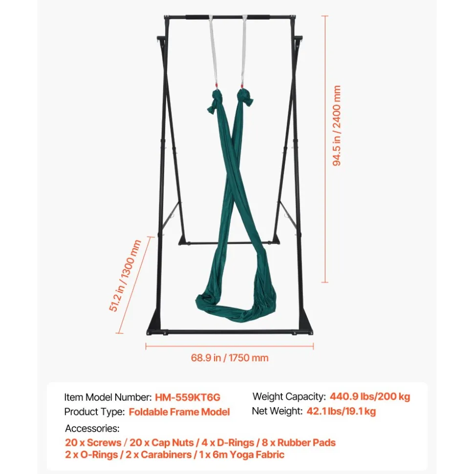 VEVOR Yoga Stand Frame, Max 440.9 lbs Load Swing Stand, Triangular Structure Pull Up Stands, Aerial Silk Stands with EVA Foam & 6.6-yard Yoga Hammock, 4-Level Horizontal & 6-Level Vertical Adjustment