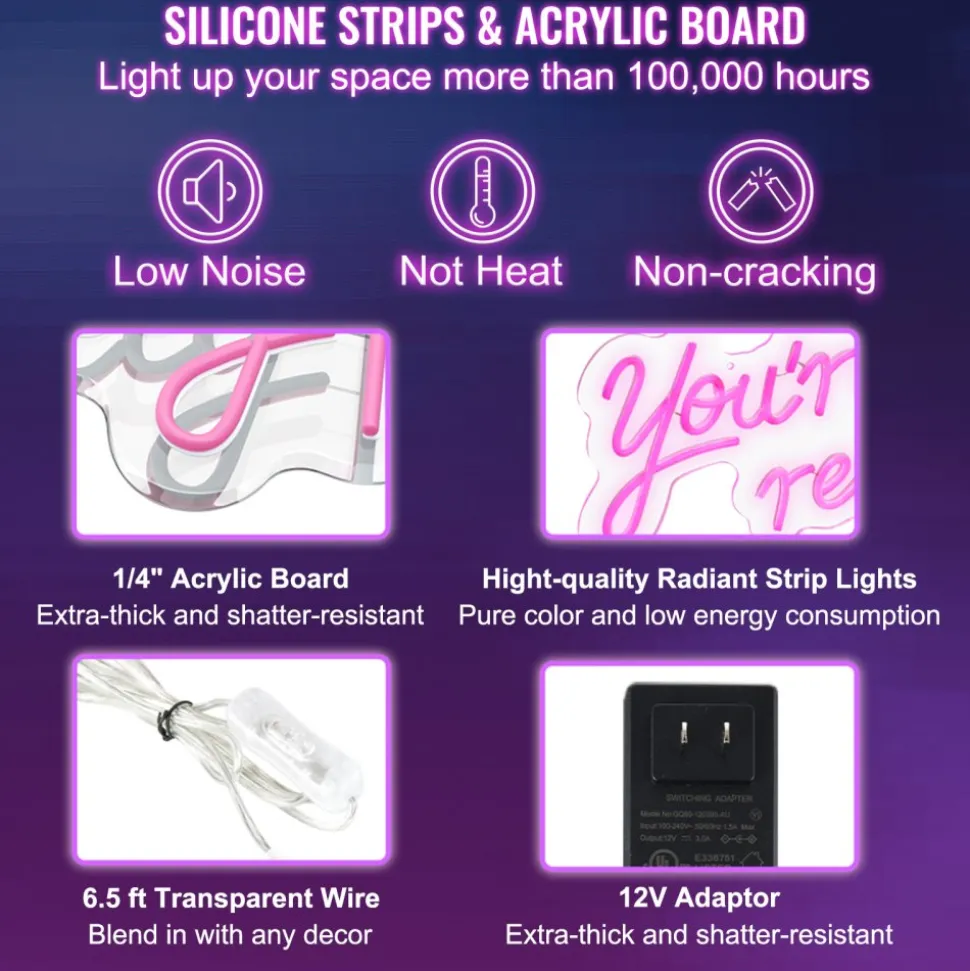 VEVOR You're Like Really Pretty Neon Sign, 27.5" x 12" Pink LED Neon Signs for Wall Decor, Large Lights Sign with Remote Control and Power Adapter, Used for Party, Wedding, Living Room, Office