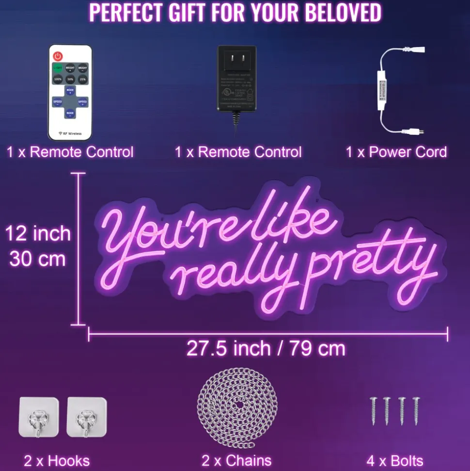 VEVOR You're Like Really Pretty Neon Sign, 27.5" x 12" Pink LED Neon Signs for Wall Decor, Large Lights Sign with Remote Control and Power Adapter, Used for Party, Wedding, Living Room, Office