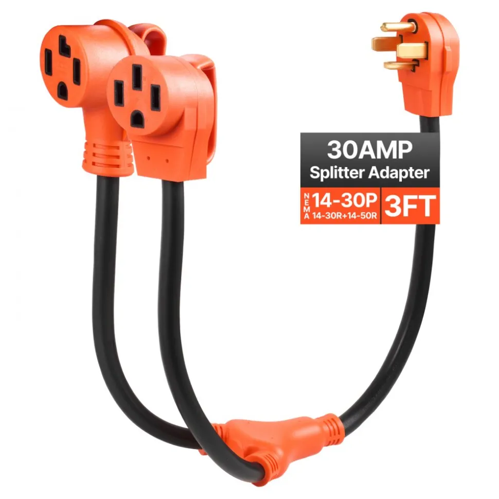 VEVOR Y Splitter Adapter, 30 Amp, 4 Prong Outlet 240 Volt Dryer to EV Charger Adapter, NEMA 14-30P to 14-30R/14-50R, with Grip Handle, Heavy Duty 10 AWG STW Wire, for EV Charger Dryer RV