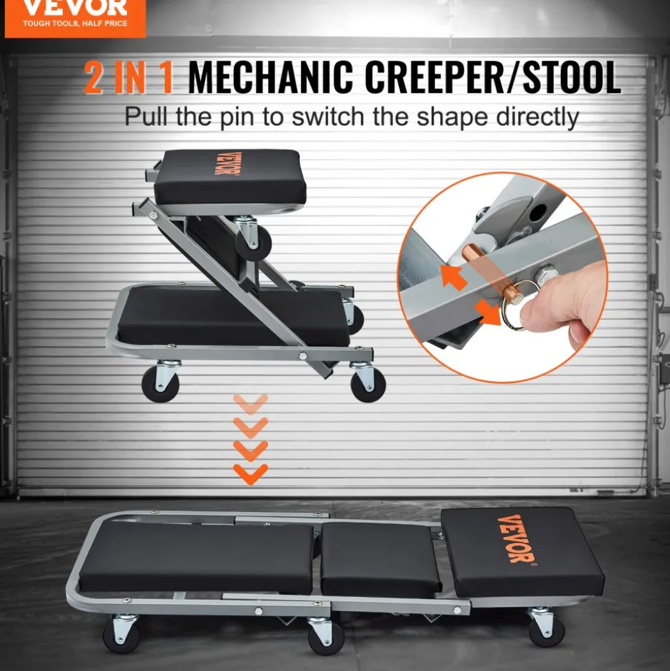 VEVOR Z-Creeper Seat, 2 in 1 Rolling Folding Car Creeper/Stool, 300 lbs Capacity Mechanic Creeper, Low Profile Creeper with 6 pcs Wheels for Garage, Shop, Auto Repair, Lay Down or Sit, Black