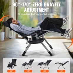VEVOR Zero Gravity Chair, 33 inch Zero Gravity Recliner Lounge Chair for Indoor and Outdoor, Adjustable Anti Gravity Chair with Cushion, Headrest, Footrest, and Cupholder, 500 lbs, Black