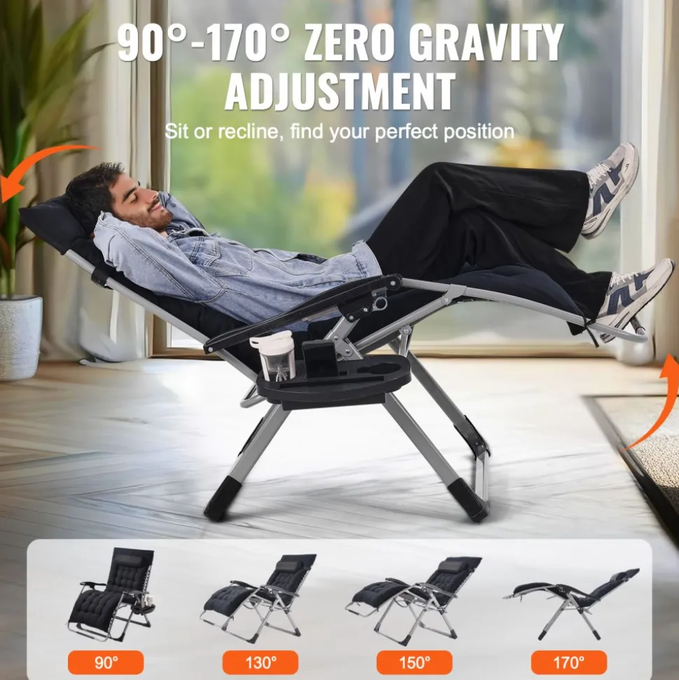 VEVOR Zero Gravity Chair, 33 inch Zero Gravity Recliner Lounge Chair for Indoor and Outdoor, Adjustable Anti Gravity Chair with Cushion, Headrest, Footrest, and Cupholder, 500 lbs, Black