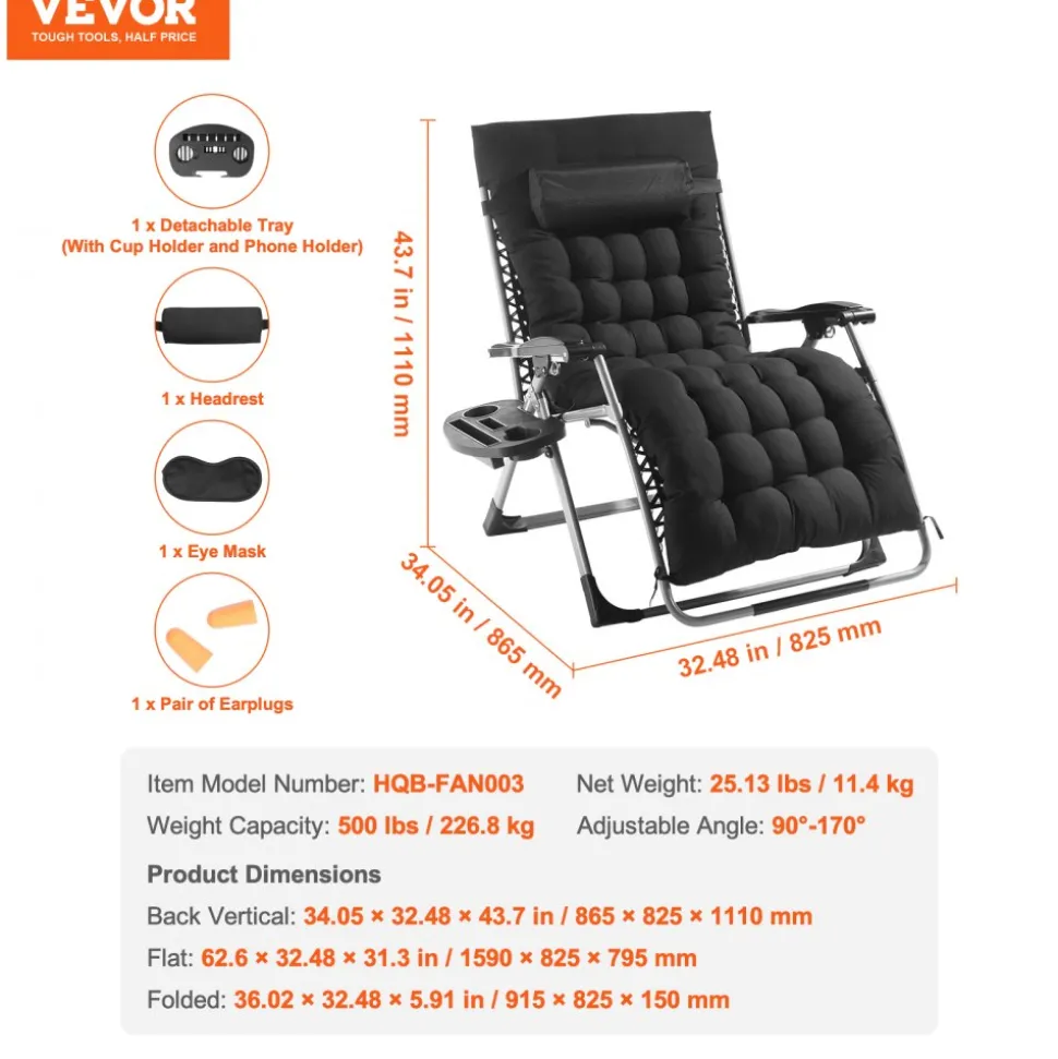 VEVOR Zero Gravity Chair, 33 inch Zero Gravity Recliner Lounge Chair for Indoor and Outdoor, Adjustable Anti Gravity Chair with Cushion, Headrest, Footrest, and Cupholder, 500 lbs, Black