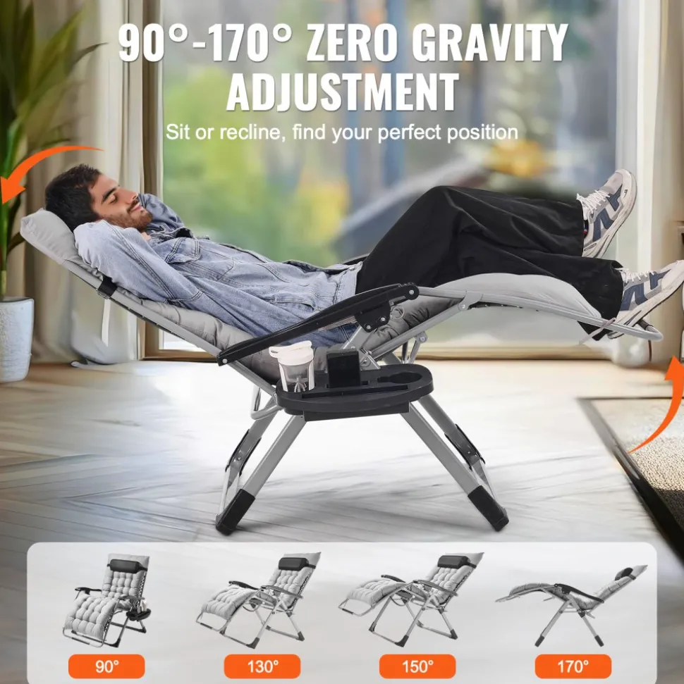 VEVOR Zero Gravity Chair, 33 inch Zero Gravity Recliner Lounge Chair for Indoor and Outdoor, Adjustable Anti Gravity Chair with Cushion, Headrest, Footrest, and Cupholder, 500 lbs, Gray
