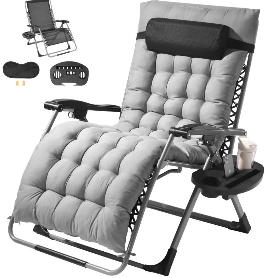 VEVOR Zero Gravity Chair, 33 inch Zero Gravity Recliner Lounge Chair for Indoor and Outdoor, Adjustable Anti Gravity Chair with Cushion, Headrest, Footrest, and Cupholder, 500 lbs, Gray
