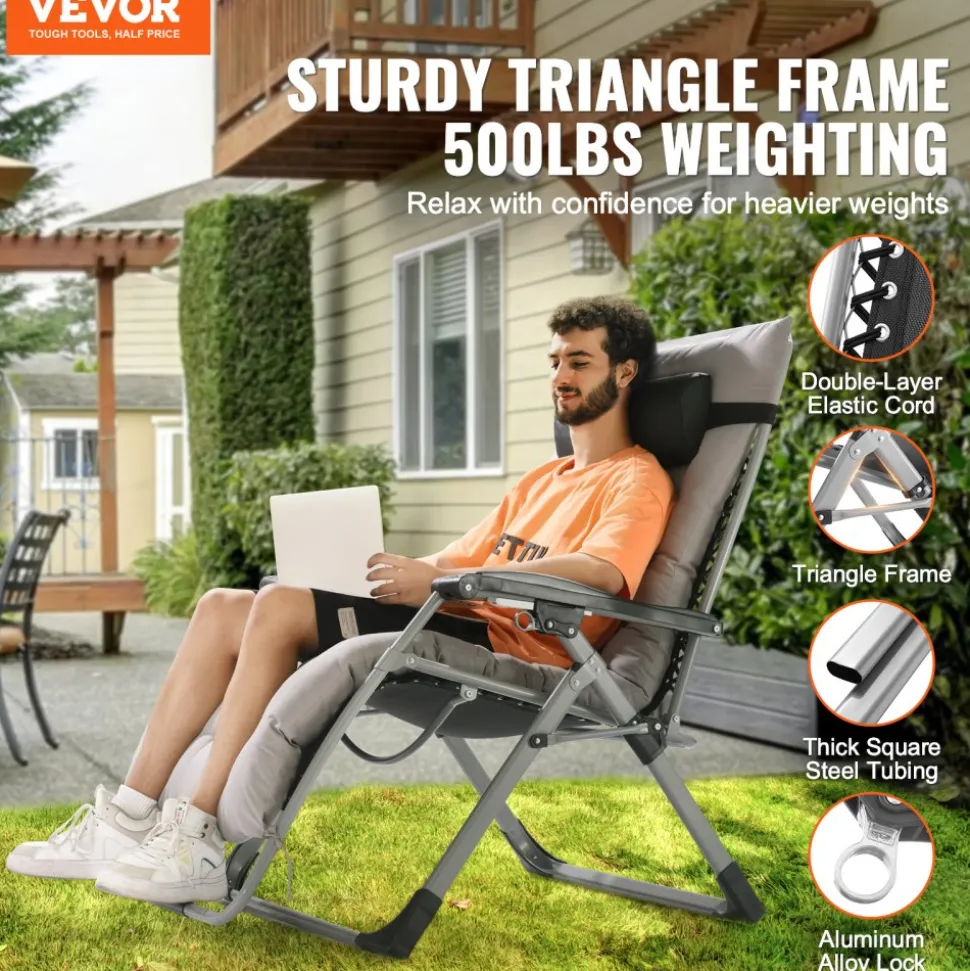 VEVOR Zero Gravity Chair, 33 inch Zero Gravity Recliner Lounge Chair for Indoor and Outdoor, Adjustable Anti Gravity Chair with Cushion, Headrest, Footrest, and Cupholder, 500 lbs, Gray