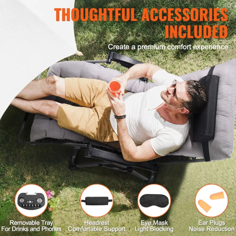 VEVOR Zero Gravity Chair, 33 inch Zero Gravity Recliner Lounge Chair for Indoor and Outdoor, Adjustable Anti Gravity Chair with Cushion, Headrest, Footrest, and Cupholder, 500 lbs, Gray