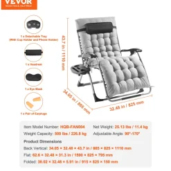 VEVOR Zero Gravity Chair, 33 inch Zero Gravity Recliner Lounge Chair for Indoor and Outdoor, Adjustable Anti Gravity Chair with Cushion, Headrest, Footrest, and Cupholder, 500 lbs, Gray